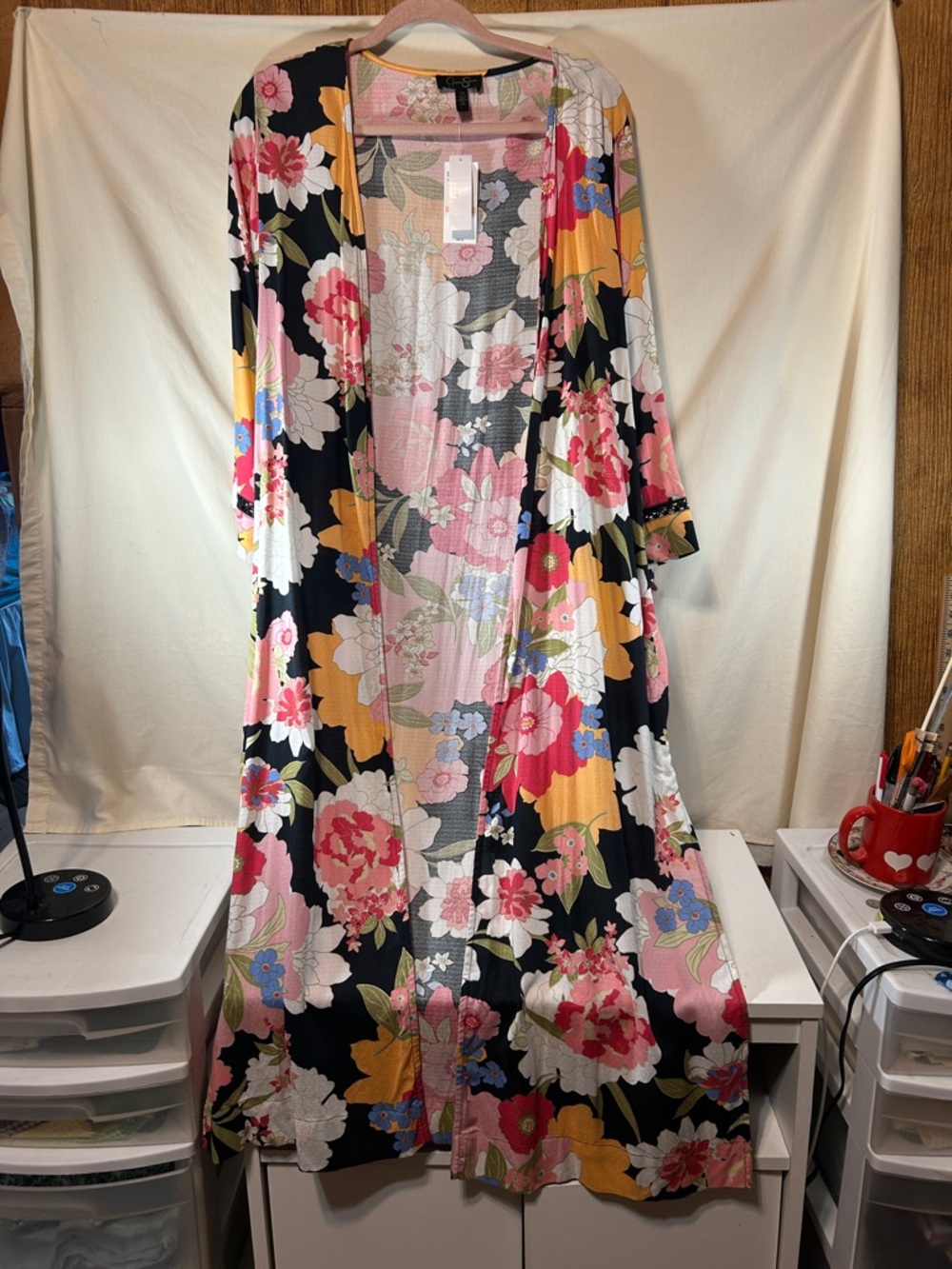Jessica Simpson Long Floral Duster Cardigan Black Base Pink & Mustard Flowers